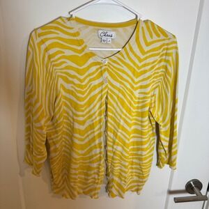 Chaus‎ Women's Yellow Cream Zebra Print Button Cardigan Sweater Size L